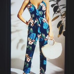SHEIN Surplice Neck Self Belted Tropical Cami Jumpsuit